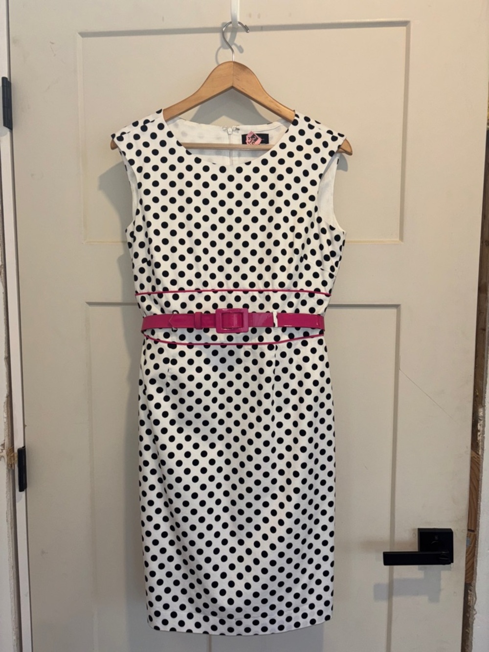 Tahari White Polka Dot Midi Dress with Pink Belt